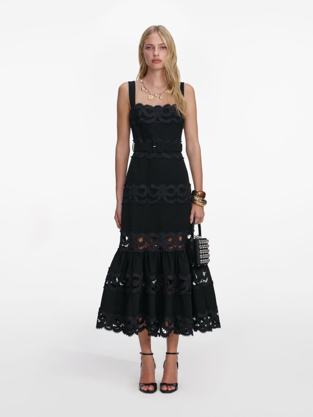 NWOT Self-Portrait Black Eyelet Tiered Midi Dress with Belt, Size US 6